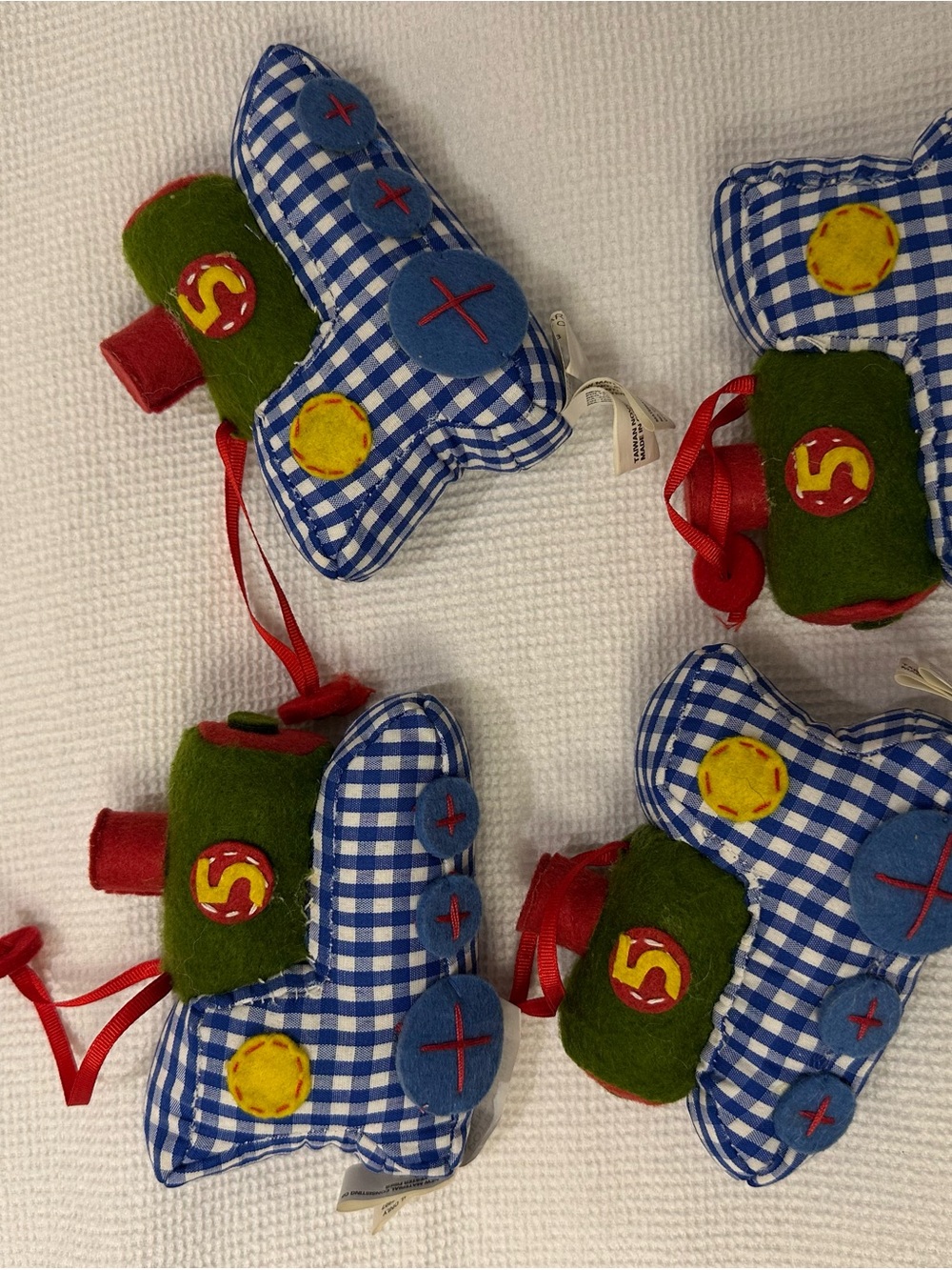 Pottery Barn Kids Blue Gingham Train Ornaments with Green & Red Accents